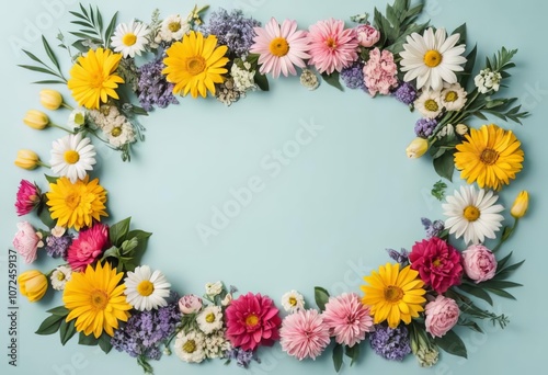 A flat lay of various colorful flowers arranged in a creative layout with space for text in the middle