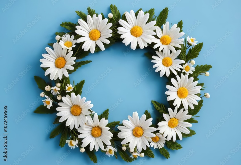 Obraz premium A wreath made of daisies on a blue background