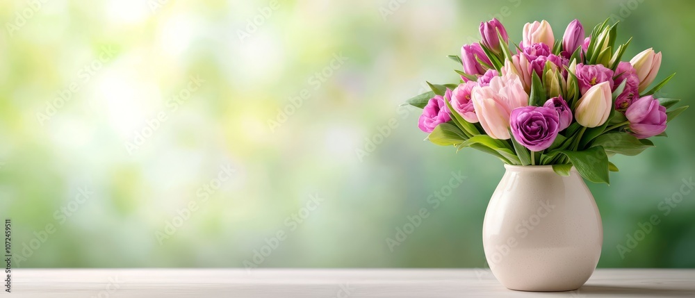 A vase filled with pink and white tulips on a table A vase filled with pink and white tulips on a table