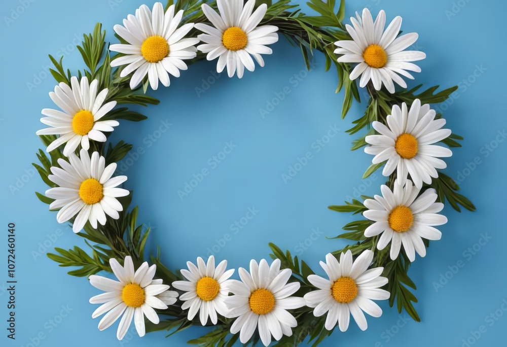 A wreath made of daisies on a blue background A wreath made of daisies on a blue background