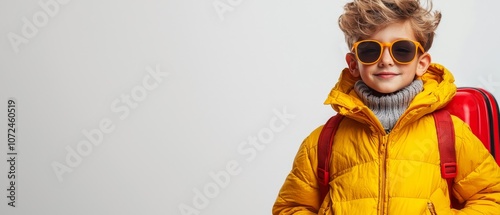 A young boy wearing a yellow jacket and sunglasses with a red suitcase