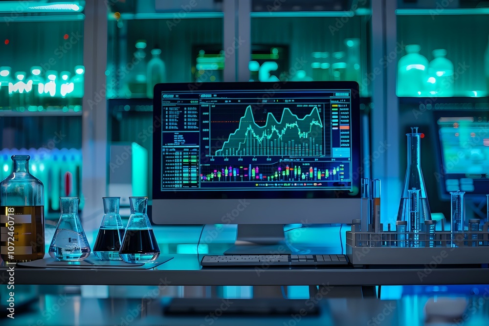 A modern laboratory desk featuring a computer screen displaying data analytics and graphs, surrounded by scientific glassware. Perfect for science, research, and technology themes. A modern laboratory desk featuring a computer screen displaying data analytics and graphs, surrounded by scientific glassware. Perfect for science, research, and technology themes.