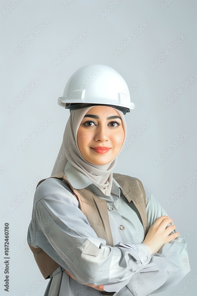 Professional Middle Eastern female engineer in hijab and white hard hat, arms crossed, confident pose against gray background perfect for diversity workplace concepts. Professional Middle Eastern female engineer in hijab and white hard hat, arms crossed, confident pose against gray background perfect for diversity workplace concepts.
