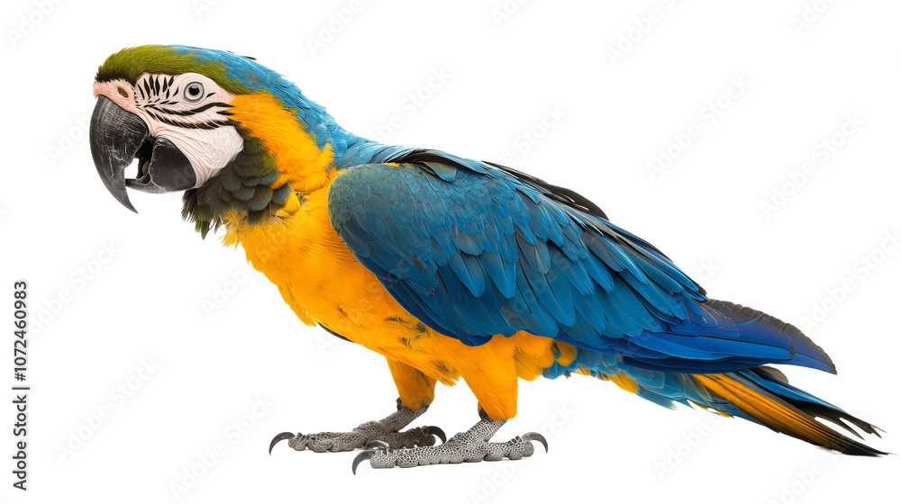 Fototapeta premium Beautiful bird blue and gold macaw parrot isolated on transparent background
