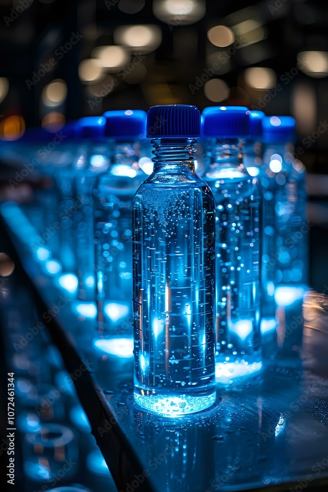 A row of clear plastic water bottles with blue caps illuminated by vibrant lighting, showcasing production or industrial packaging. Perfect for beverage, manufacturing, or sustainability concepts. A row of clear plastic water bottles with blue caps illuminated by vibrant lighting, showcasing production or industrial packaging. Perfect for beverage, manufacturing, or sustainability concepts.