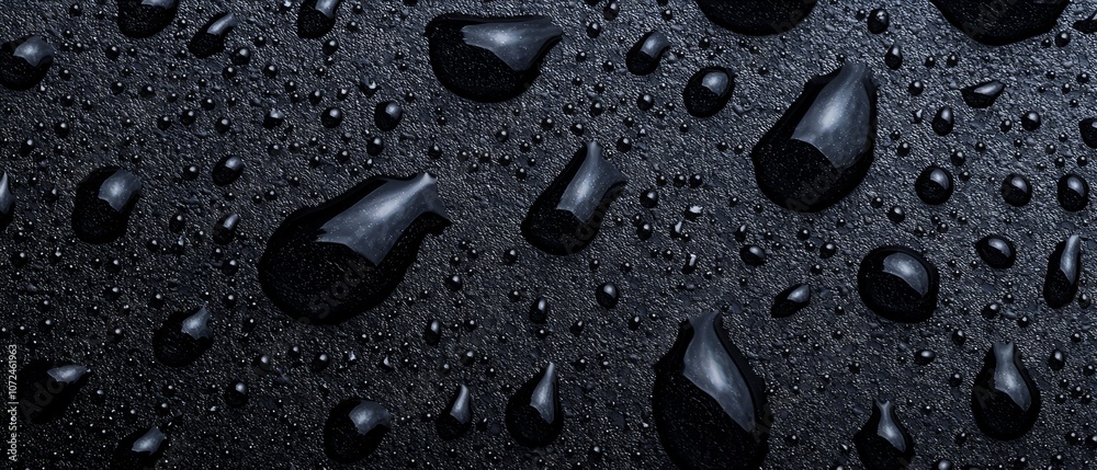 A bunch of water droplets on a black surface
