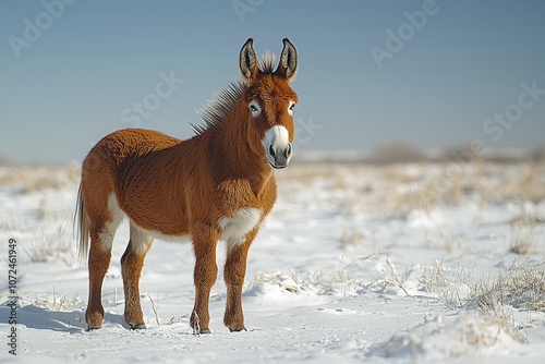 Rare mule in snowy field captures the majesty of winter wildlife