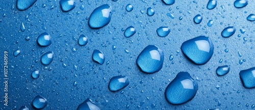 A bunch of water droplets on a blue surface