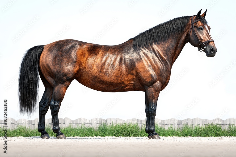 Majestic bay horse with refined coat standing elegantly on a sunny day Majestic bay horse with refined coat standing elegantly on a sunny day