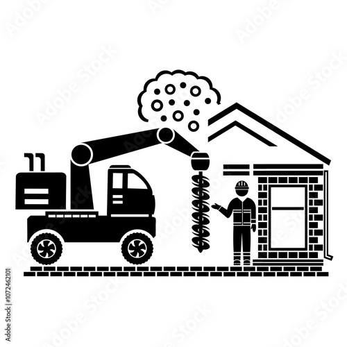 Vector illustration, logo, icon of a car and a drilling rig. The construction industry. Isolated on a white background.	