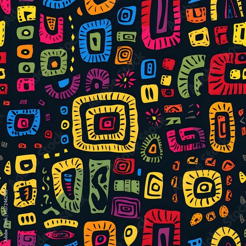 Vibrant ethnic geometric pattern with colorful square spiral shapes in tribal style on black background, seamless repeat design perfect for fabric and textile projects. photo