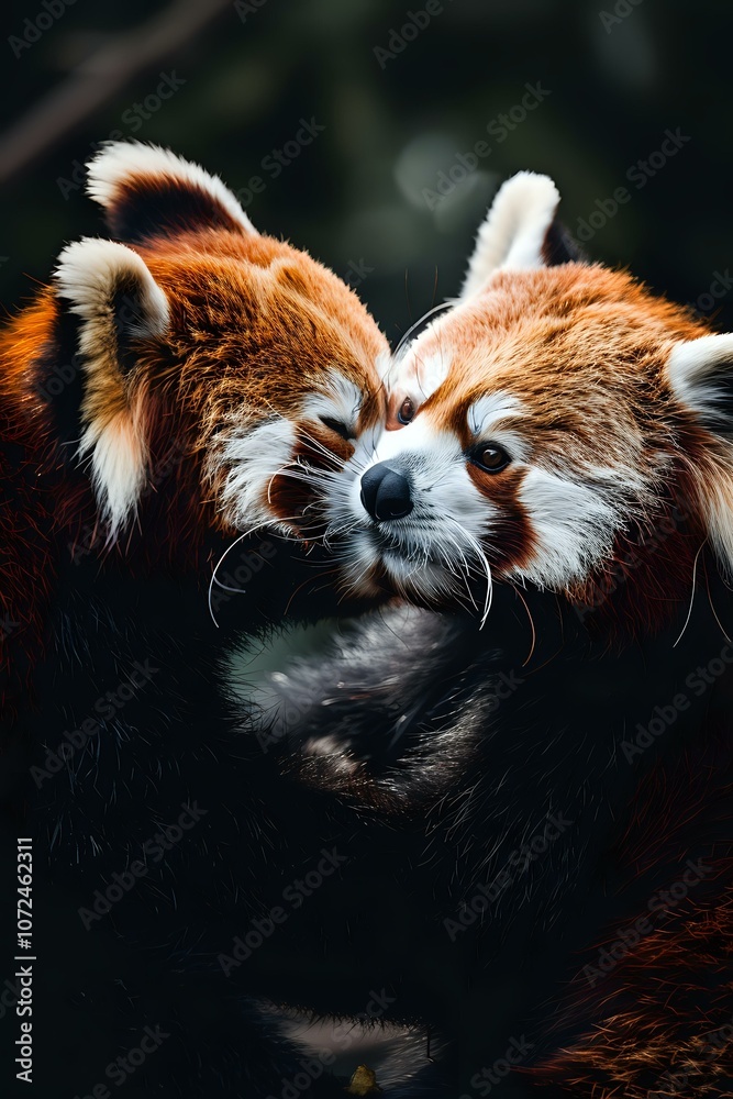 Obraz premium Two adorable red pandas gently nuzzle each other, showcasing their close bond. The intimate moment is set against a soft, blurred natural background, emphasizing love and connection.