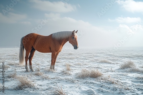 Majestic horse standing in snowy field under a clear sky photo