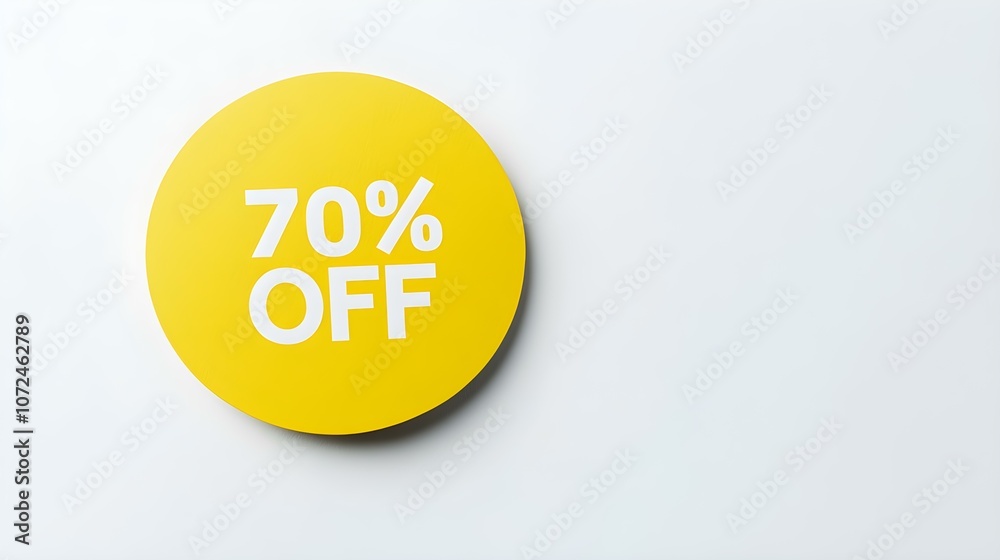 White '70% OFF' Text on a Yellow Round Paper Note. White Background with Copy Space