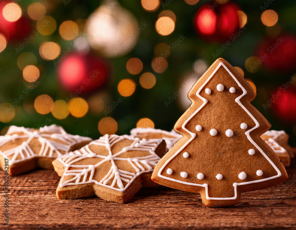 Christmas gingerbread cookies on a wooden table against the background of the Christmas tree