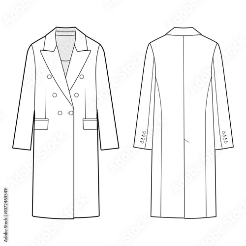 Front and back views of a double-breasted overcoat with lapels and pockets in black and white vector illustration, showcasing classic design.
