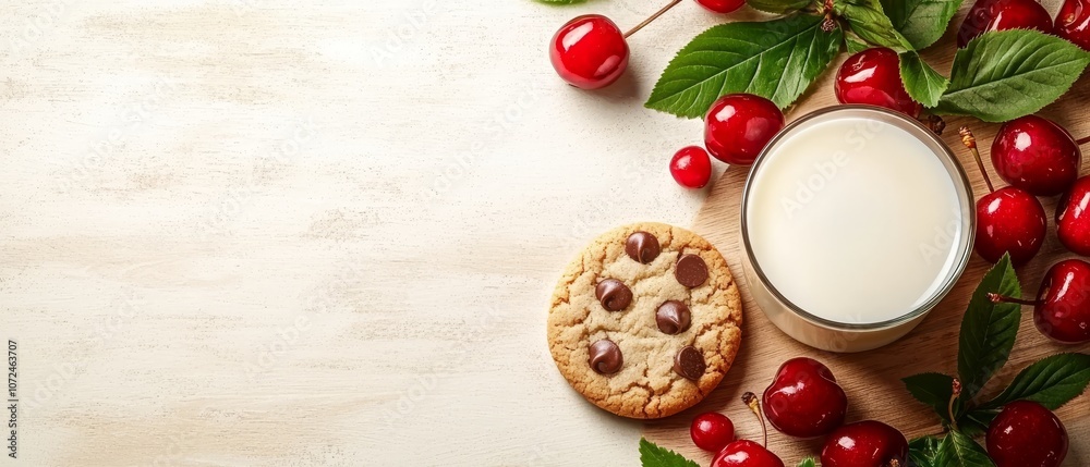 A glass of milk and a cookie with cherries on a table A glass of milk and a cookie with cherries on a table