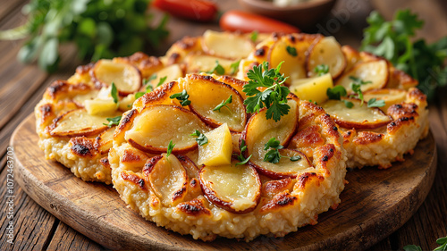 Baked potato dish with herbs on wooden board