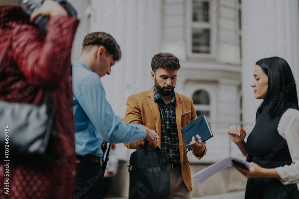 Obraz premium A group of business people engaged in a conversation outdoors in the city, holding documents and a tablet. The setting is urban, emphasizing collaboration and teamwork in a professional environment.