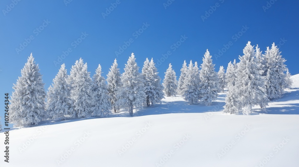 A serene winter landscape with snow-covered tree under a clear blue sky. A serene winter landscape with snow-covered tree under a clear blue sky.