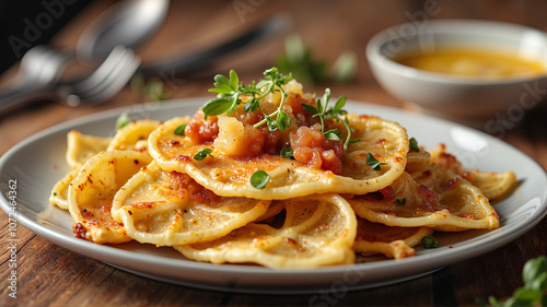 Delicious pasta dish with tomato sauce and herbs photo
