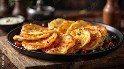 Golden crispy potato slices on black plate photo