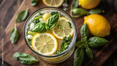 Refreshing lemon basil drink with ice on wooden table photo