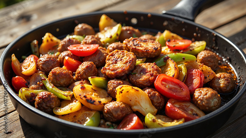 Sizzling meatballs with colorful vegetables in skillet