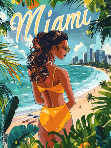 Woman wearing a yellow bikini is standing on a beach in Miami. The painting captures the essence of a tropical vacation, with palm trees and a clear blue ocean in the background