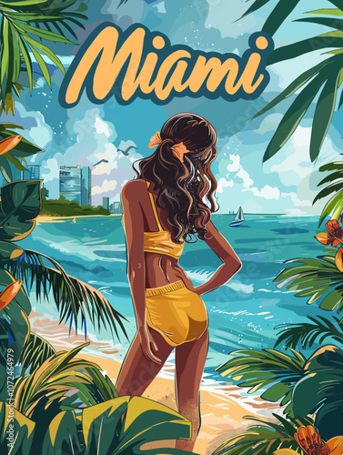 Woman is standing on a beach in Miami. She is wearing a yellow bikini and looking out at the ocean. The image is a colorful and lively depiction of a tropical vacation