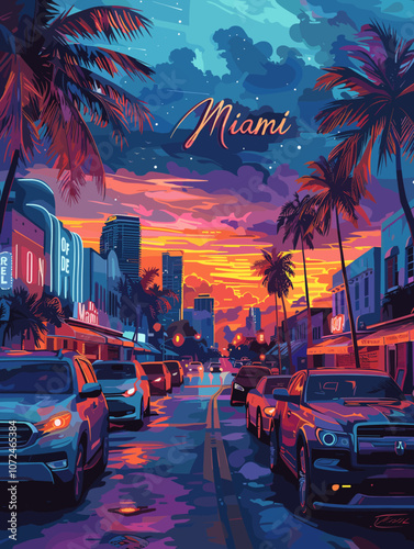 Miami, United States of America, vector illustration beautiful postcard