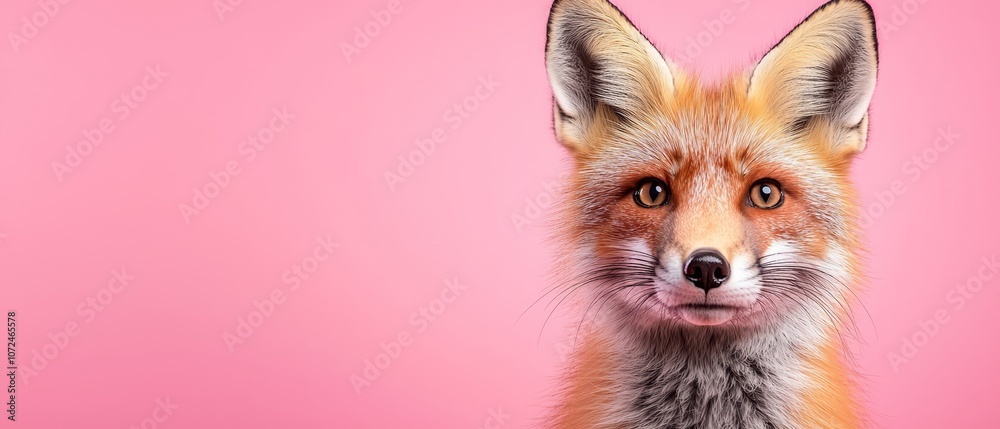 A close up of a red fox on a pink background A close up of a red fox on a pink background