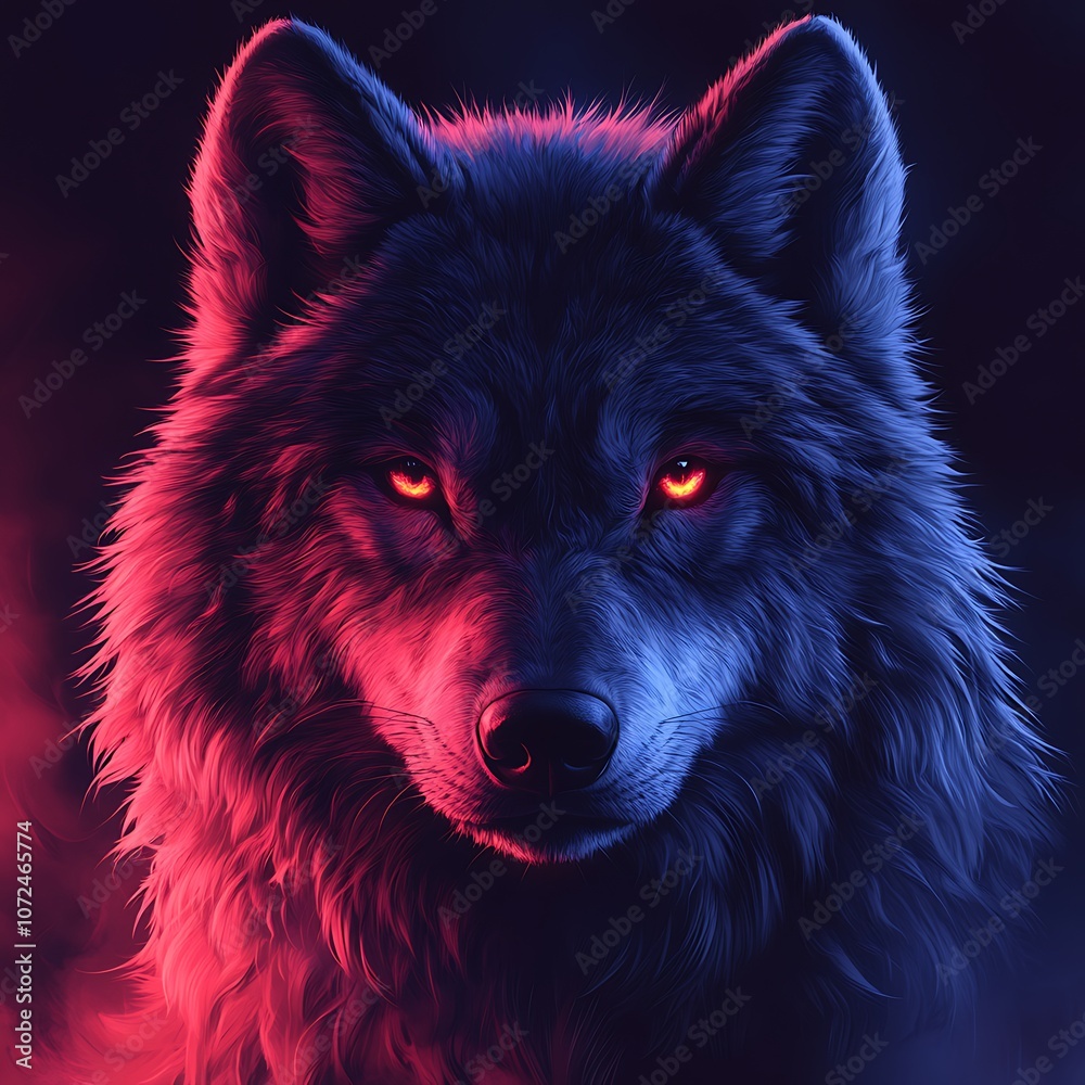 Intense Wolf Face Piercing Glowing Eyes Neon Background Intense Wolf Face Piercing Glowing Eyes Neon Background