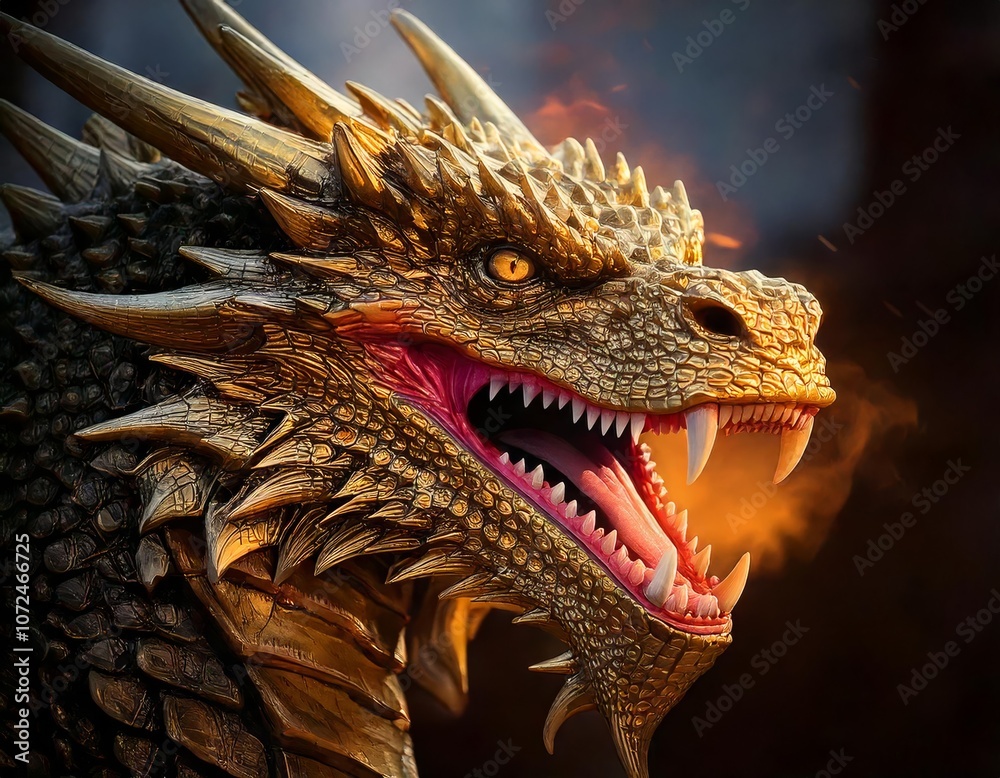 Golden dragon head breathing fire with an intense expression and sharp teeth, scales, and horns Golden dragon head breathing fire with an intense expression and sharp teeth, scales, and horns