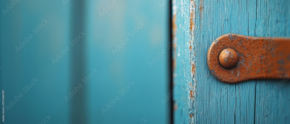 A close up of a rusty latch on a blue door