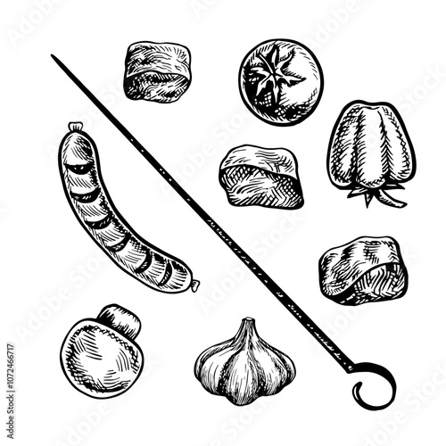A set of meat and vegetables for barbecue and picnic. Vector graphics with images of fried meat and vegetables. Black and white hand-drawn illustration. On a white background.