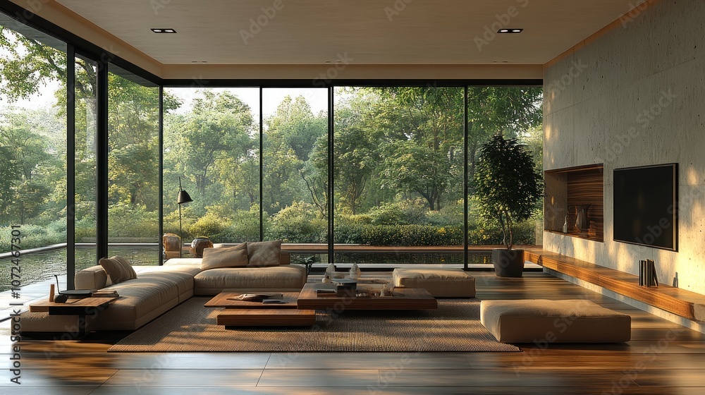 Fototapeta premium Modern living room with large windows overlooking lush greenery.