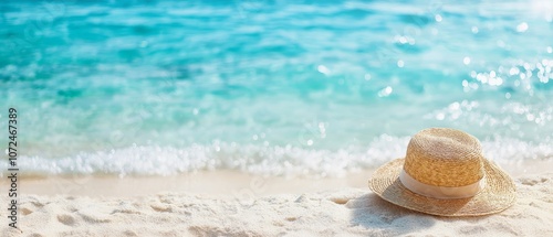 A straw hat sitting on top of a sandy beach