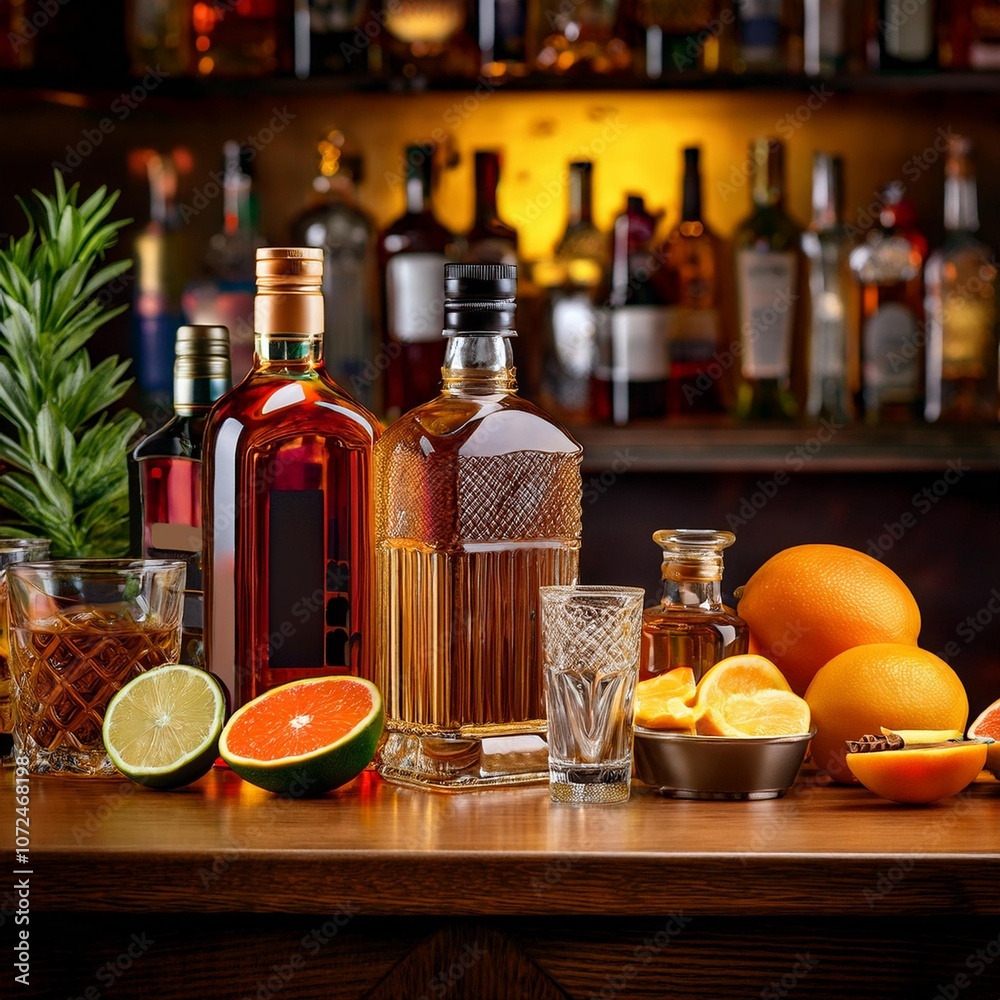 Artisan Bar Counter Displaying a Variety of Premium Whiskey and Vodka Bottles With Fresh Citrus Garnishes and Cocktail Ingredients for a Perfect Night In Artisan Bar Counter Displaying a Variety of Premium Whiskey and Vodka Bottles With Fresh Citrus Garnishes and Cocktail Ingredients for a Perfect Night In