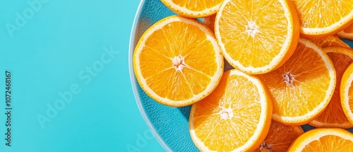 A blue plate filled with sliced oranges on a blue background