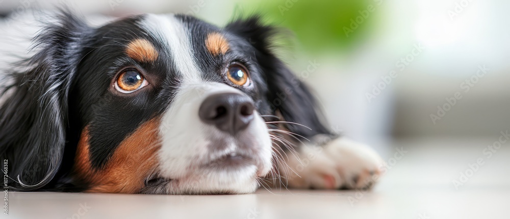 A dog laying on the floor looking at the camera A dog laying on the floor looking at the camera