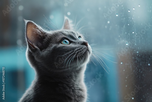 Adorable Grey Kitten on Blue Background with Bright Yellow Eyes photo