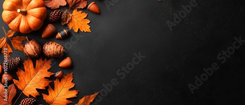 autumn leaves and pumpkins on a black background