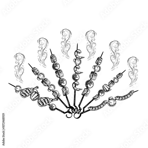 Hot kebab on skewers. Meat, shrimps, chicken legs, vegetables, sausages. Vector graphics. Black and white hand-drawn illustration of a dish. On a white background. For restaurants, snack bars, menus.