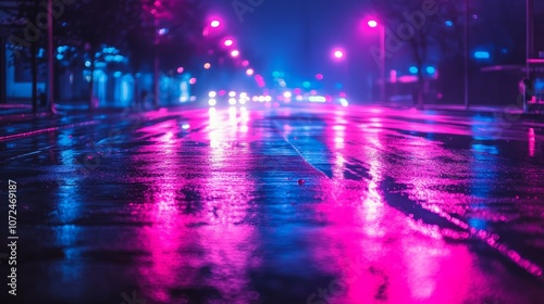 A vibrant, wet street illuminated by colorful neon light at night.