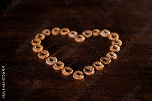 Heart made of corn flakes rings isolated on dark wooden background.