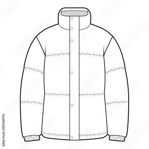Front view of a short puffer jacket with high collar and button closure in black and white vector illustration, highlighting quilted design.
