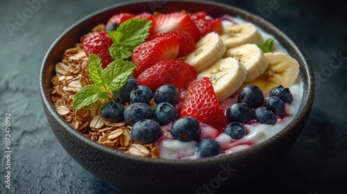 A bowl of granola, yogurt, banana, strawberries, and blueberries.