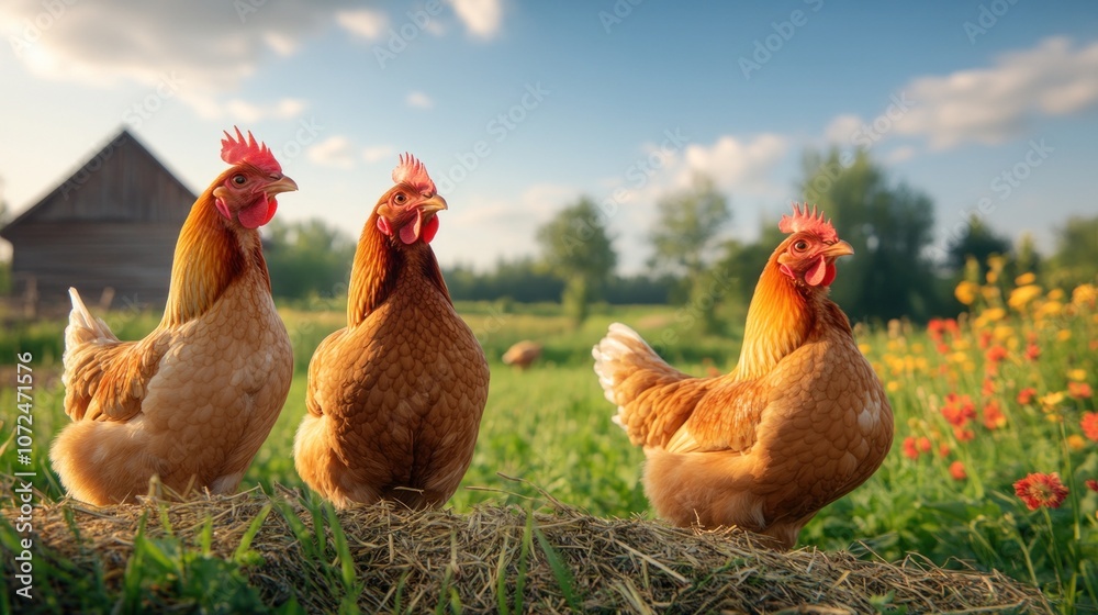 Fototapeta premium Three lively hens are perched on a straw bale in a colorful farmyard, surrounded by blooming flowers and a rustic wooden barn as the sun sets, casting a warm glow