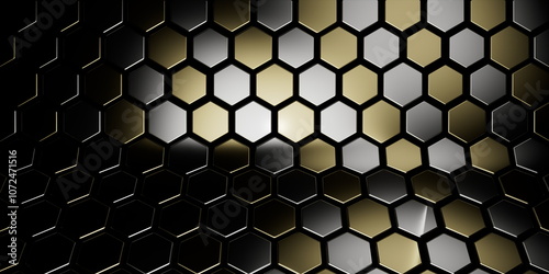 gold and silver hexagonal tiles in perspective against black background, forming a platform design. Ideal for contemporary decor or digital projects, providing a vibrant and stylish aesthetic.